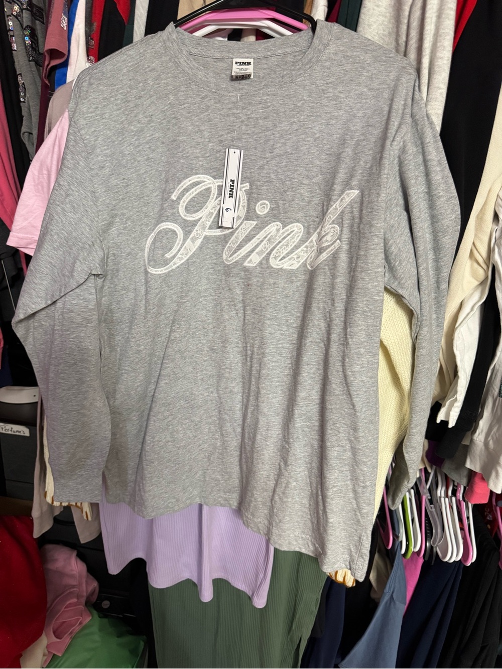 PINK Victoria's Secret Gray Long Sleeve Script Logo Tee